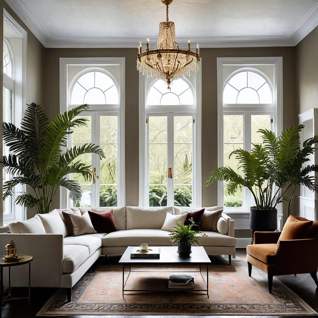 A beautifully designed room showcasing a blend of modern minimalism and classic elegance. The scene features sleek, minimalist furniture paired with ornate, vintage decor elements, such as an antique chandelier and rich fabrics. Soft, natural lighting enhances the textures and colors of the decor. Include decorative houseplants that add a touch of liveliness and contrast. super-realistic. warm tones. elegant ambiance.