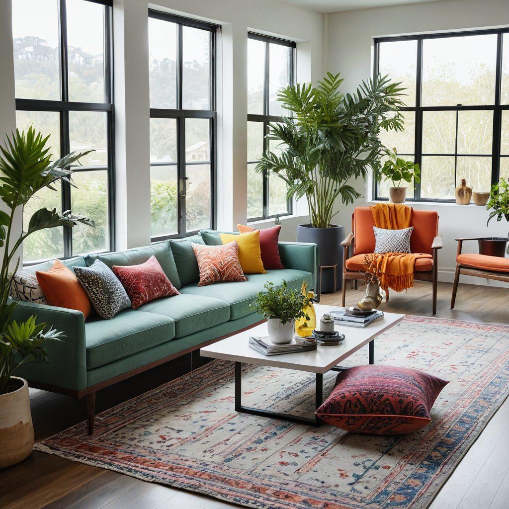 A modern living room showcasing innovative furniture designs, featuring a blend of minimalist and bold statement pieces, colorful cushions, and stylish home accessories. Incorporate natural light streaming through large windows, lush indoor plants, and a diverse color palette that highlights current trends in home styling. super-realistic. vibrant colors. warm atmosphere.