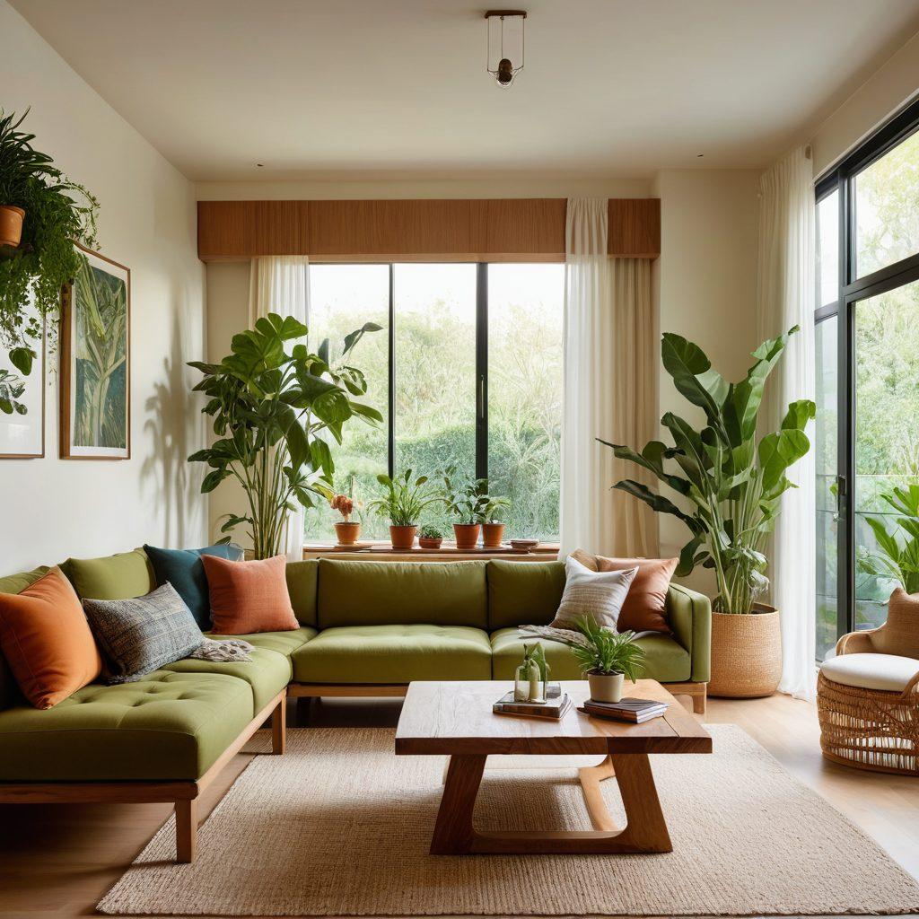 A cozy and stylish living room featuring bespoke eco-friendly furniture made from sustainable materials. Natural light streaming through large windows highlights the unique designs of the custom furniture, like a handcrafted wooden coffee table and a biodegradable sofa. Lush indoor plants enhance the green environment, showcasing a balance of comfort and modern aesthetics. The color palette is warm and inviting, with earthy tones and pops of greenery. super-realistic. vibrant colors. soft lighting.